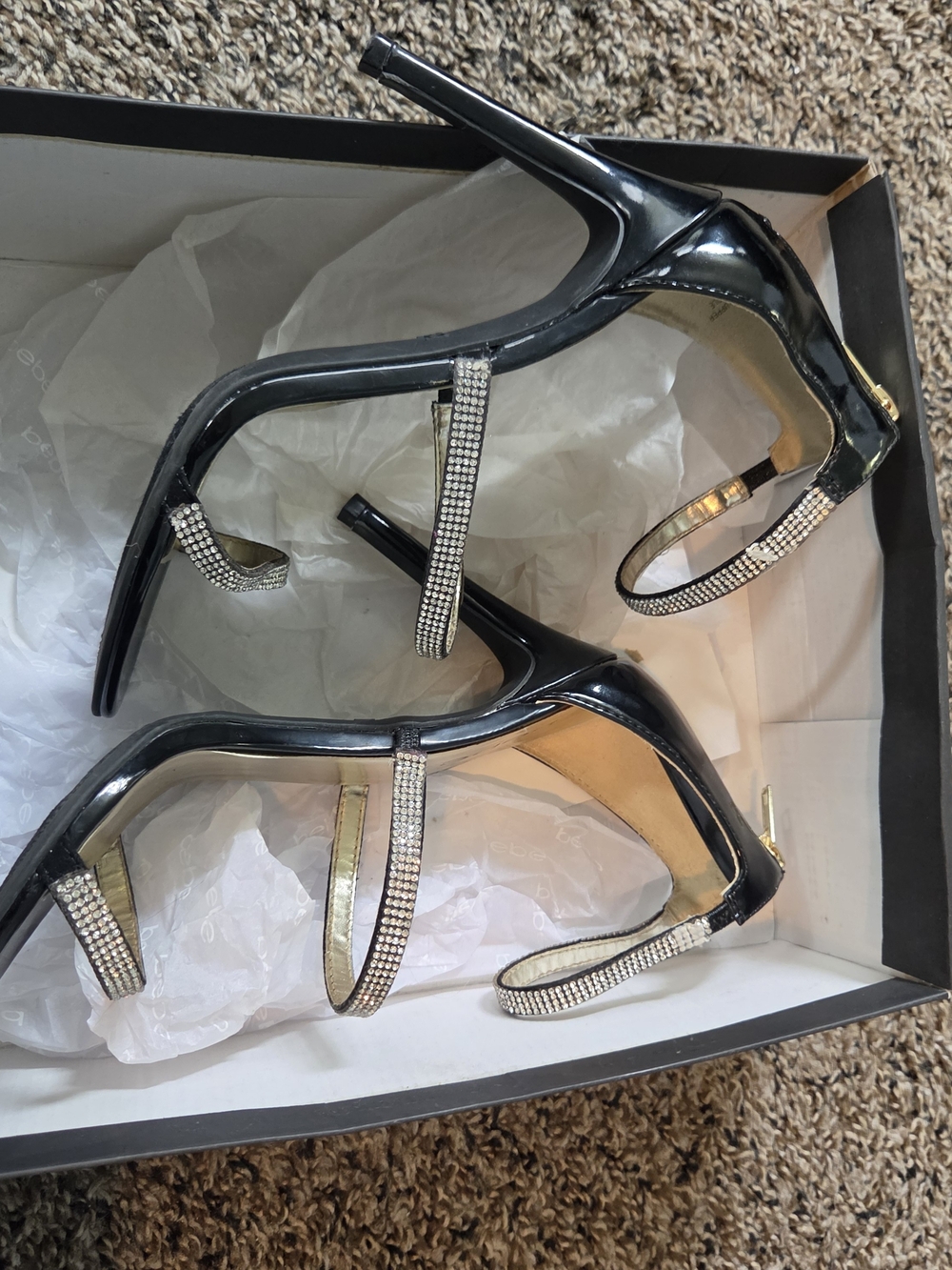 bebe Black Strappy Rhinestone High Heel Sandals - Picture 5 of 9